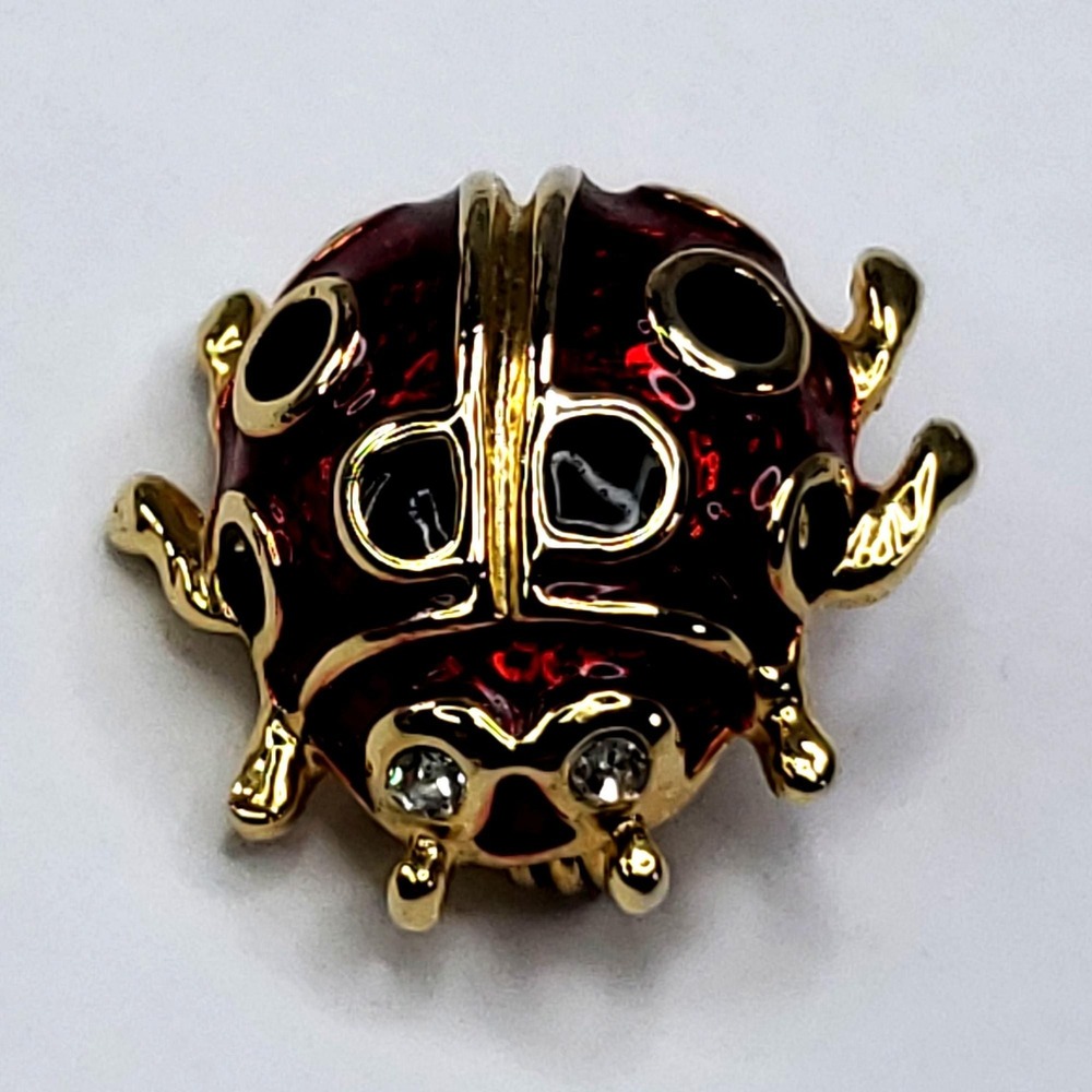 Small Ladybug Brooch Pin In Red & Gold With Rhinestone Eye 3/4 inch - Picture 8 of 10